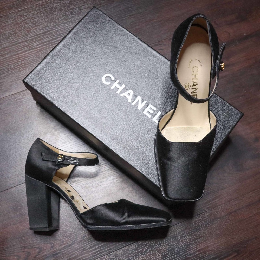 CHANEL 90s Square Toe Satin D'Orsay Pumps CC Logo Black Women's Size 36